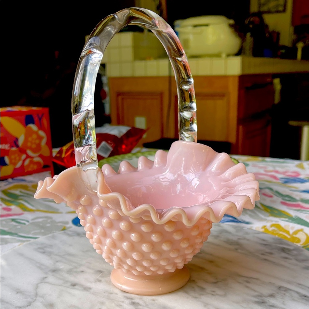 Rare Fenton Pink Hobnail Glass Basket with Clear Handle